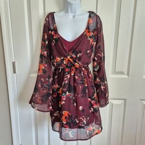 Abercrombie & Fitch Red Floral Sheer Flowy Long Sleeve Mini Dress Womens Med
